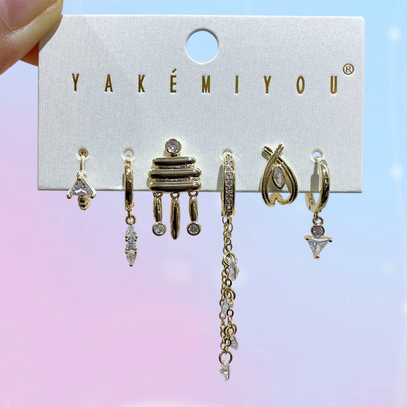 Gold 6-piece Set Of Copper-set Zircon Geometric Chain Earrings