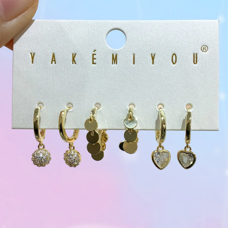 Gold 6-piece Set Of Copper-set Zircon Heart-shaped Tassel Earrings