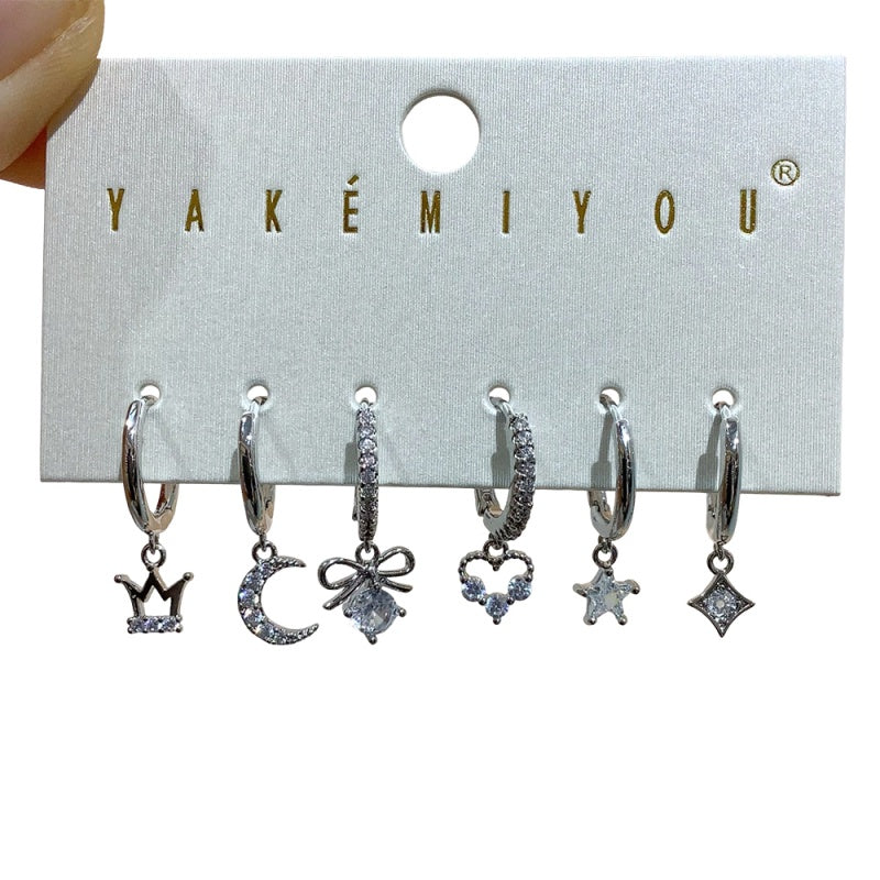 Gold 6-piece Set Of Copper-set Zircon Star And Moon Heart Earrings