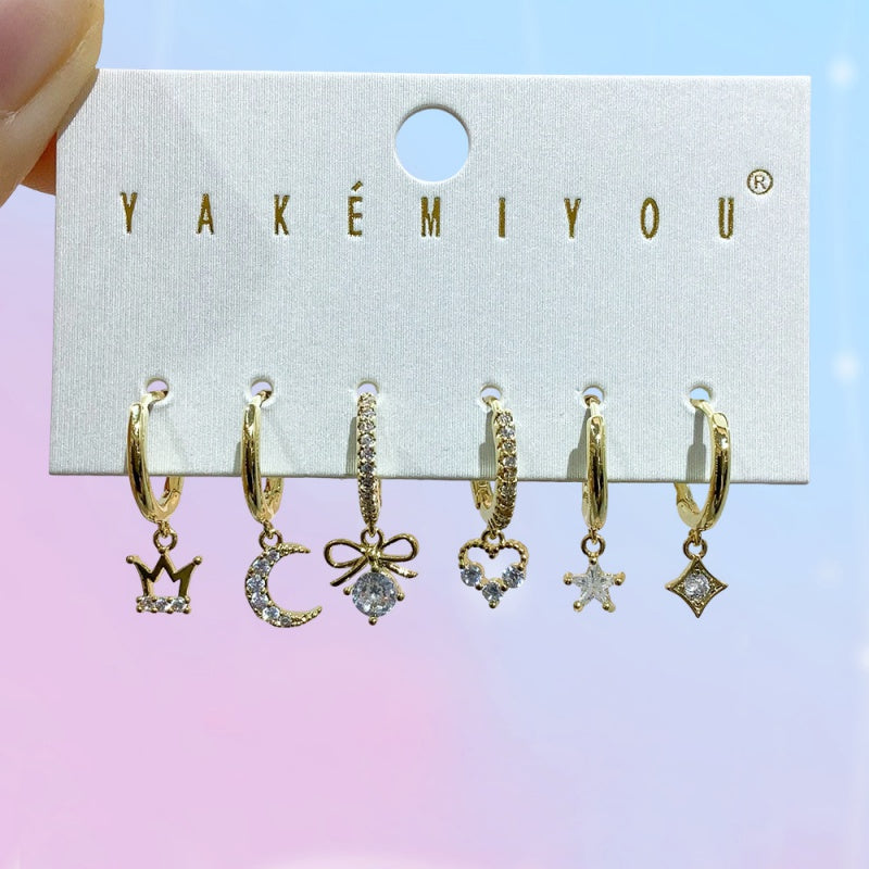 Gold 6-piece Set Of Copper-set Zircon Star And Moon Heart Earrings