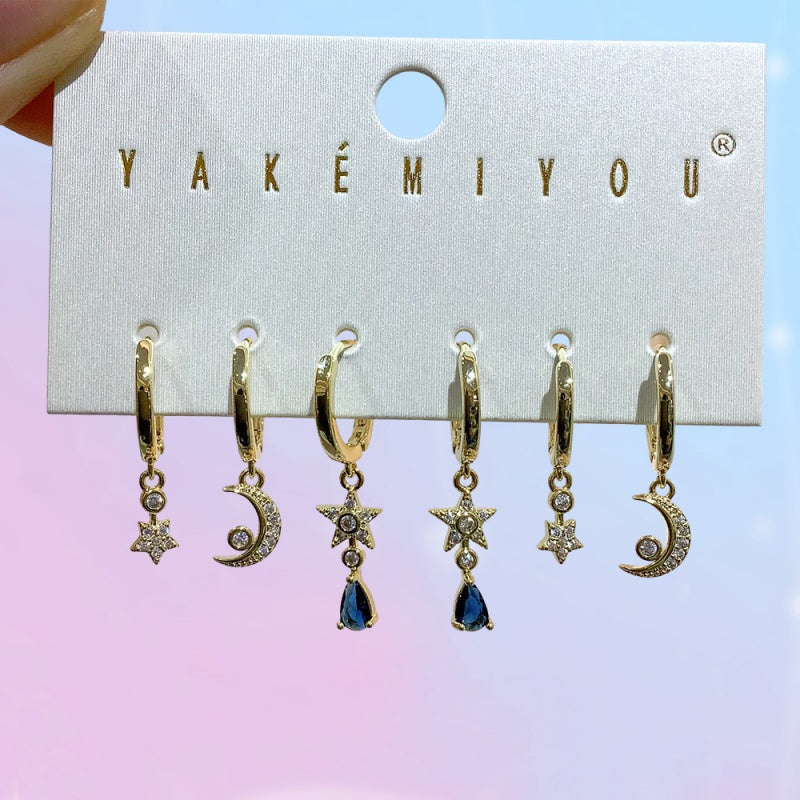 Gold 6-piece Set Of Copper-set Zircon Star And Moon Teardrop Earrings