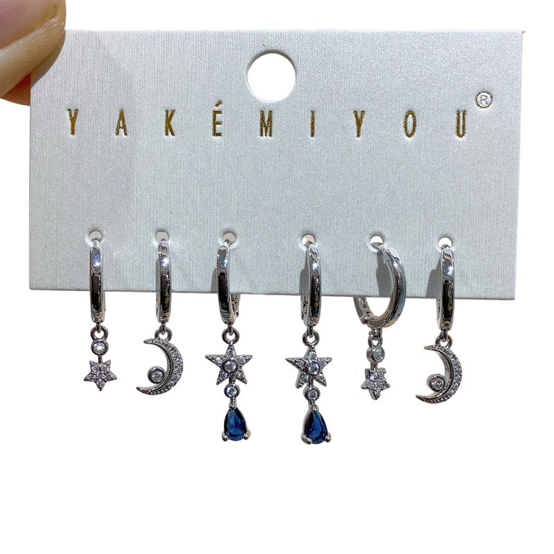 Gold 6-piece Set Of Copper-set Zircon Star And Moon Teardrop Earrings