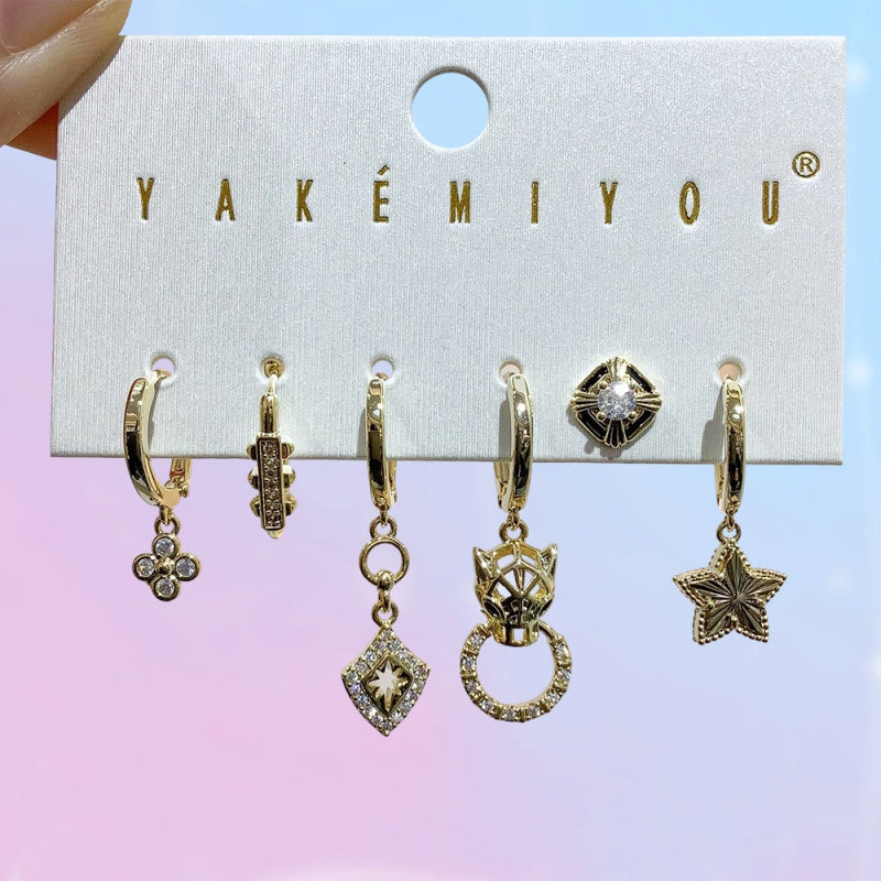 Gold 6-piece Set Of Geometric Earrings Inlaid With Zircon
