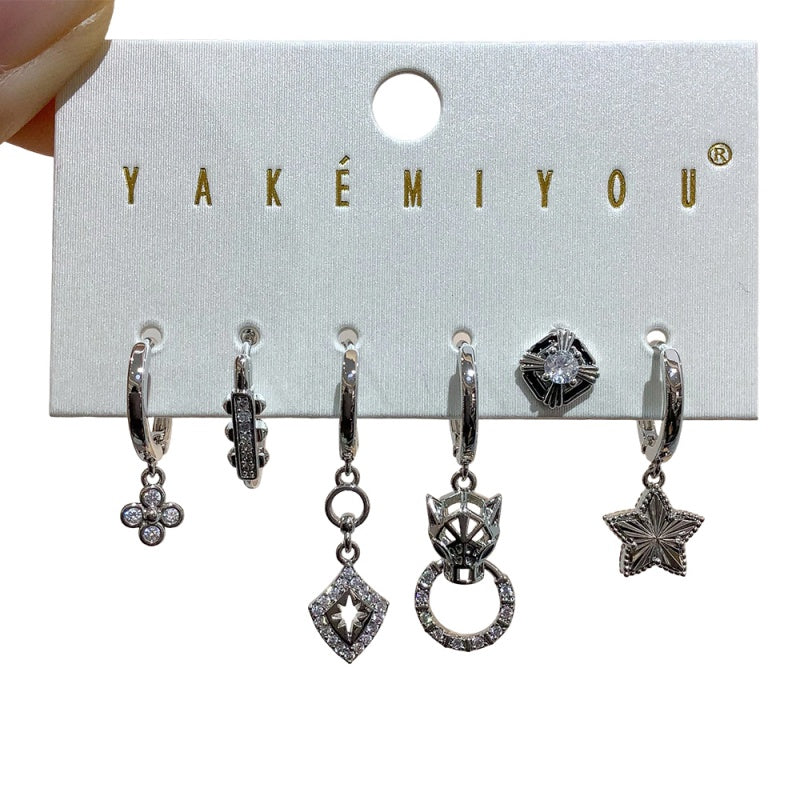 Gold 6-piece Set Of Geometric Earrings Inlaid With Zircon