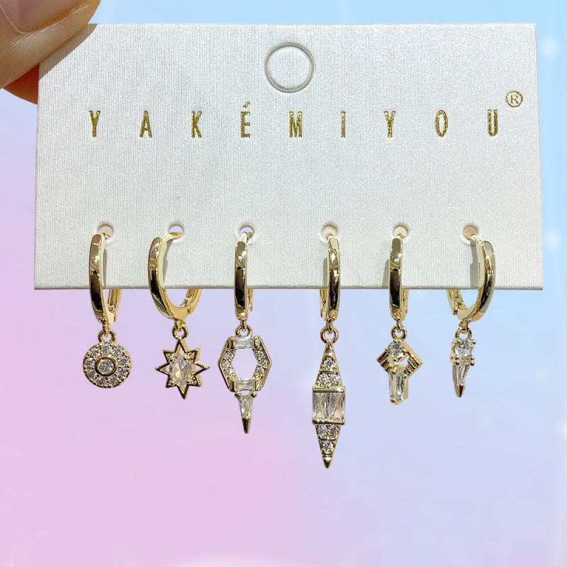 Gold 6-piece Set Of Geometric Earrings Inlaid With Zircon
