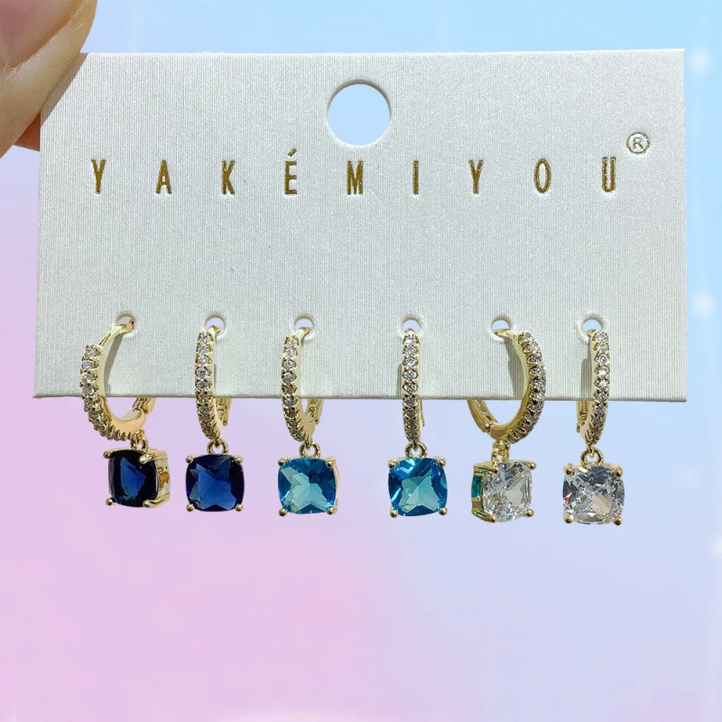 Gold 6-piece Set Of Square Copper Earrings Inlaid With Zircon