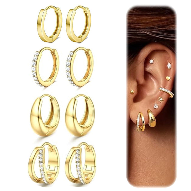 Gold 8-piece Set Bronze-plated Diamond-encrusted Round Earring Set