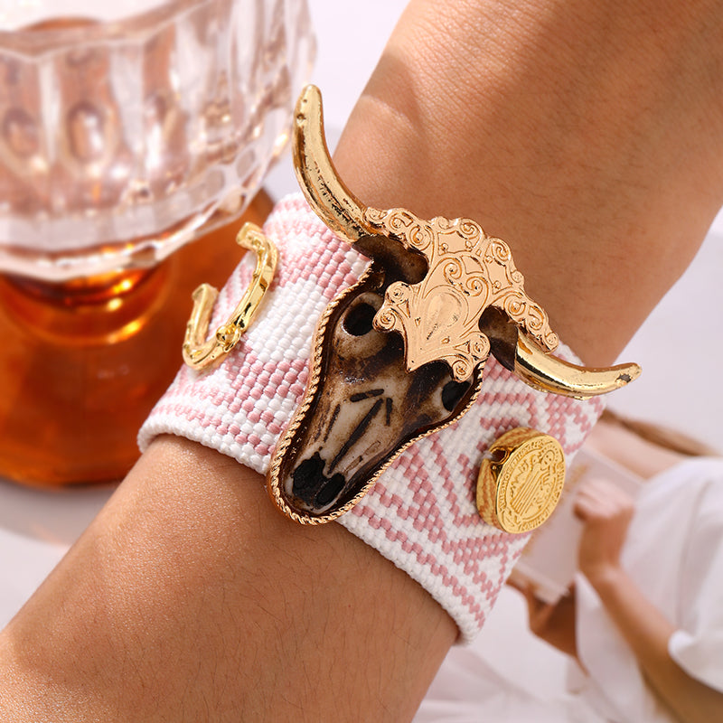 Gold Alloy Bull Head Braided Tassel Bracelet