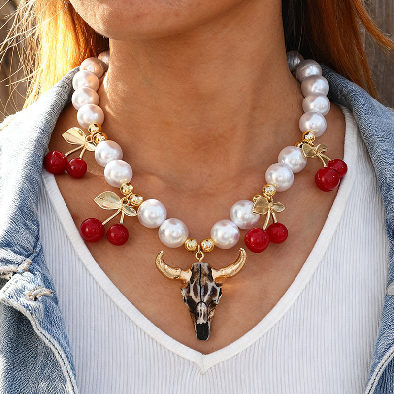 Gold Alloy Bull Head Imitation Pearl Cherry Necklace