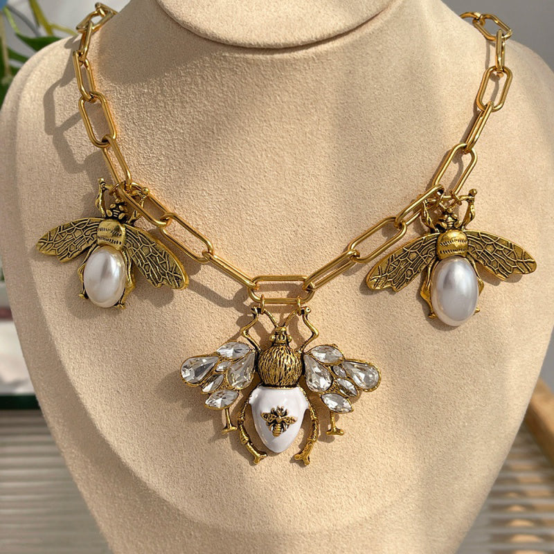 Gold Alloy Diamond Bee Necklace