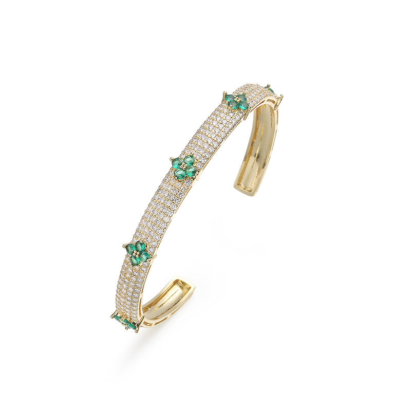 Gold And Green Diamond Four-leaf Clover Bracelet Gold-plated Copper And Diamond-encrusted Four-leaf Clover Bracelet