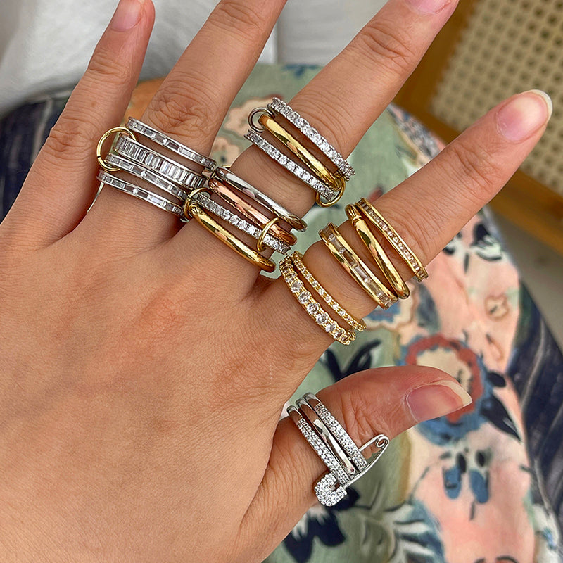 Gold And Silver 1 Copper Inlaid Zircon Circle Color Matching Multi-layer Ring
