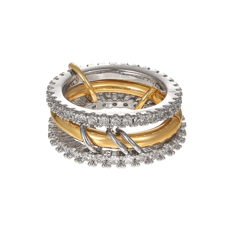 Gold And Silver 1 Copper Inlaid Zircon Circle Color Matching Multi-layer Ring