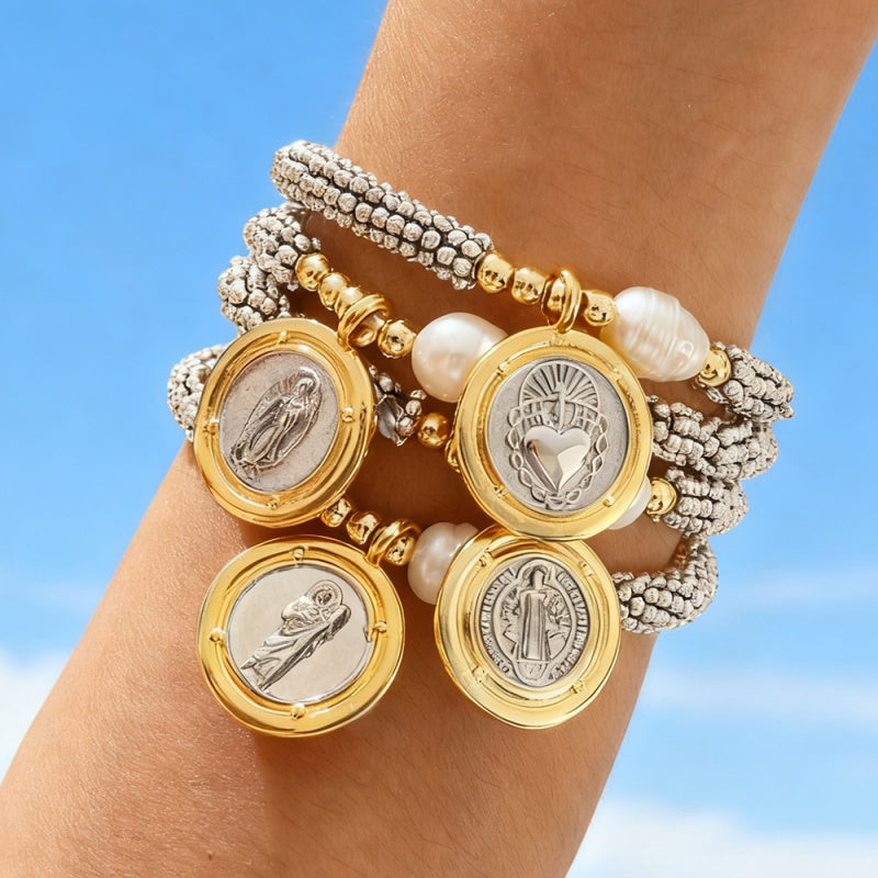 Gold And Silver 1 Round Heart Beaded Freshwater Pearl Bracelet