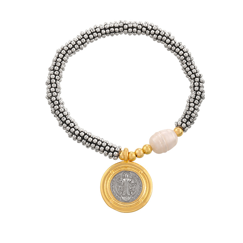 Gold And Silver 1 Round Heart Beaded Freshwater Pearl Bracelet