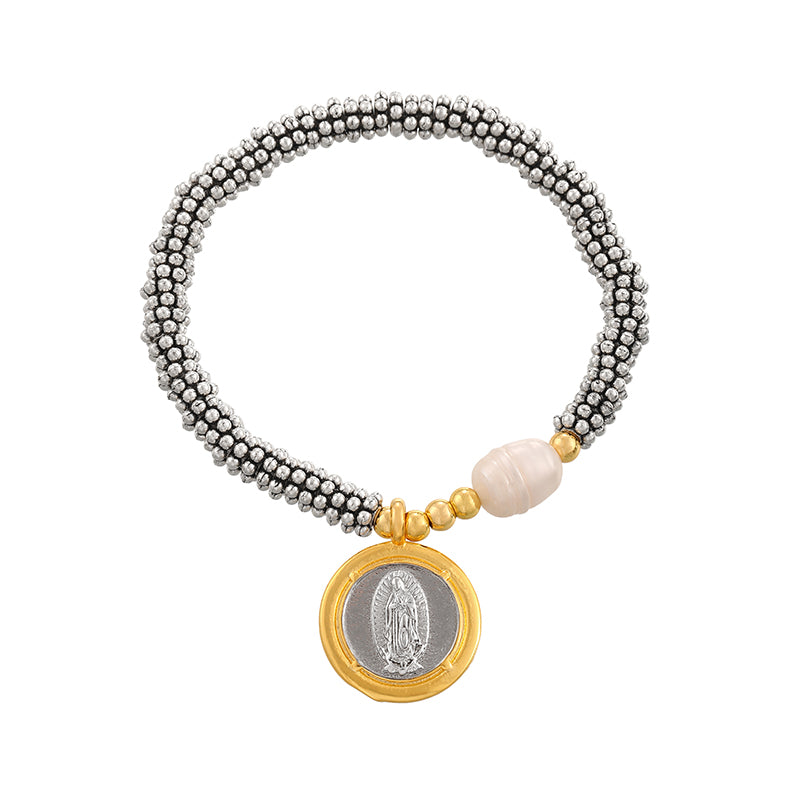 Gold And Silver 1 Round Heart Beaded Freshwater Pearl Bracelet