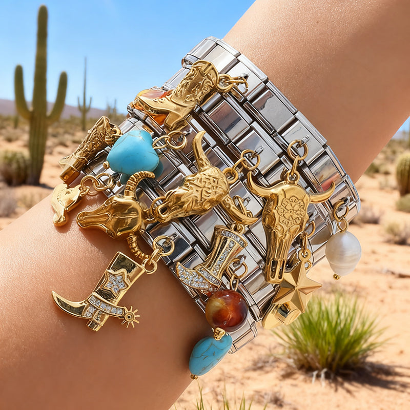 Gold And Silver 1 Titanium Steel Western Cowboy Series Square Modular Bracelet