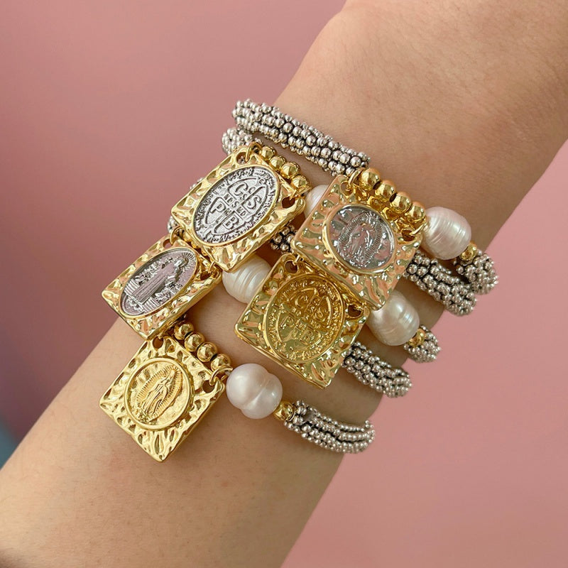 Gold And Silver 2 Copper Square Portrait Beaded Pearl Bracelet