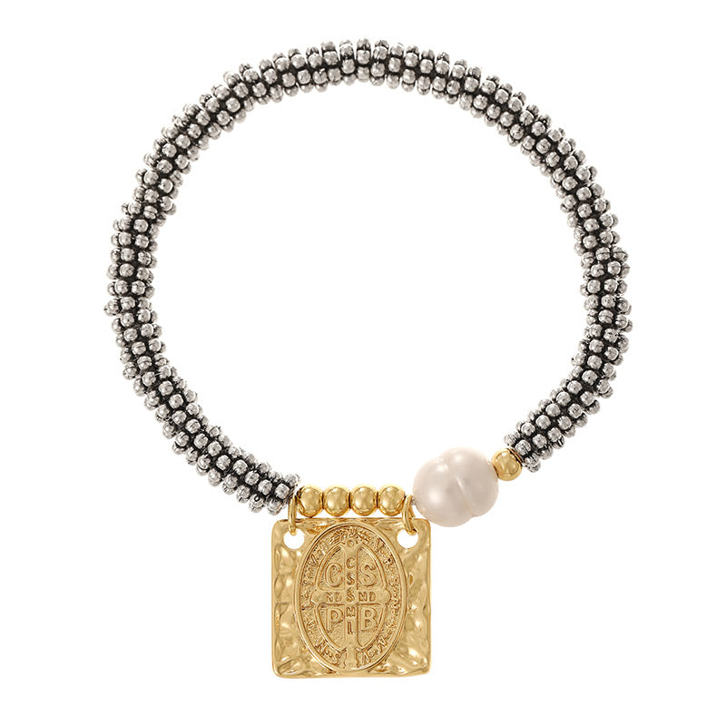 Gold And Silver 2 Copper Square Portrait Beaded Pearl Bracelet