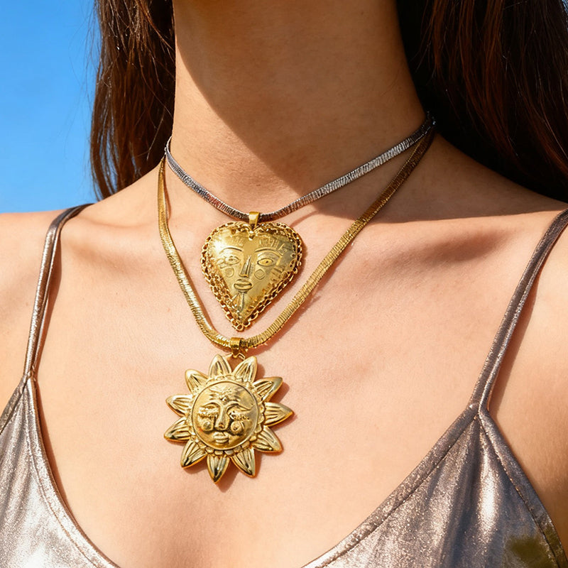 Gold And Silver 2 Titanium Steel Heart-shaped Face Snake Bone Chain Necklace