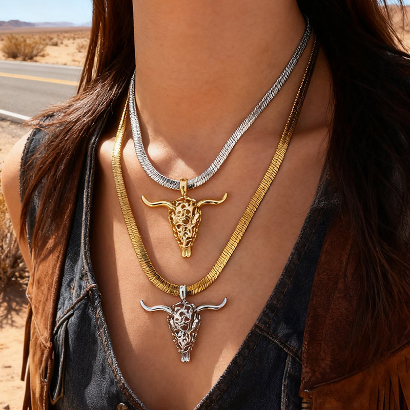 Gold And Silver 2 Titanium Steel Openwork Bull's Head Snake Bone Chain Necklace