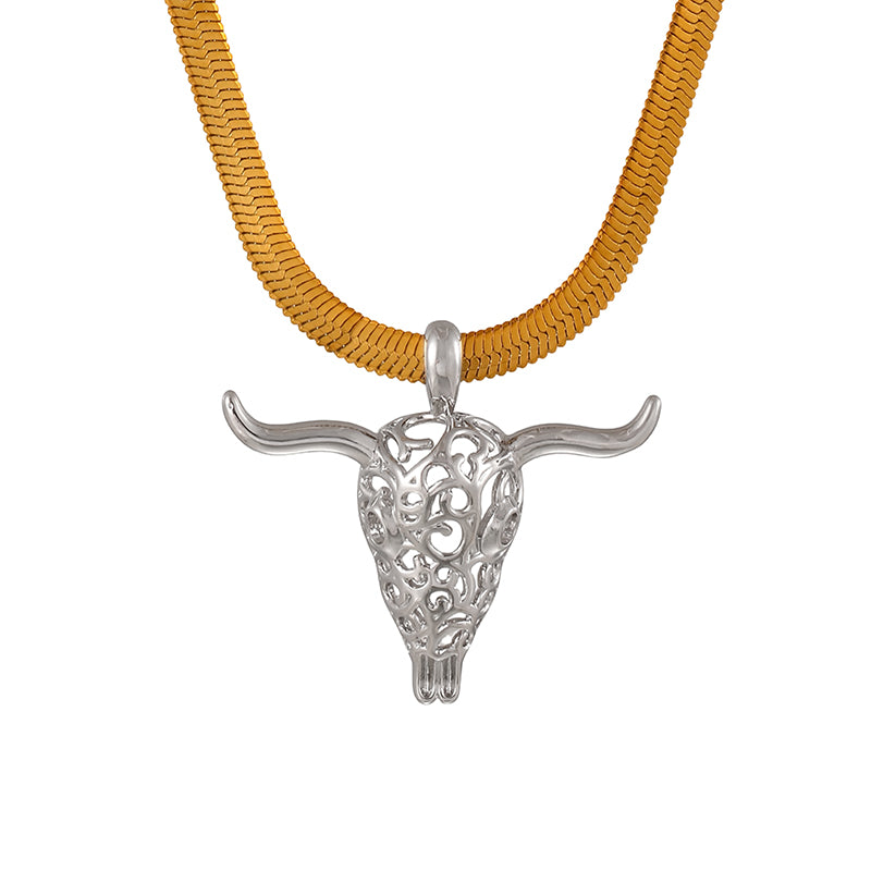 Gold And Silver 2 Titanium Steel Openwork Bull's Head Snake Bone Chain Necklace