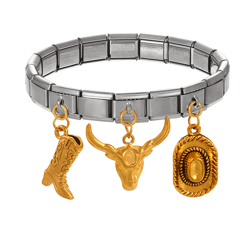 Gold And Silver 2 Titanium Steel Western Cowboy Series Square Modular Bracelet