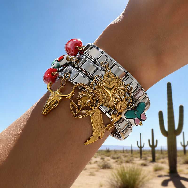 Gold And Silver 3 Heart-shaped Flower Ceramic Titanium Steel Square Module Bracelet