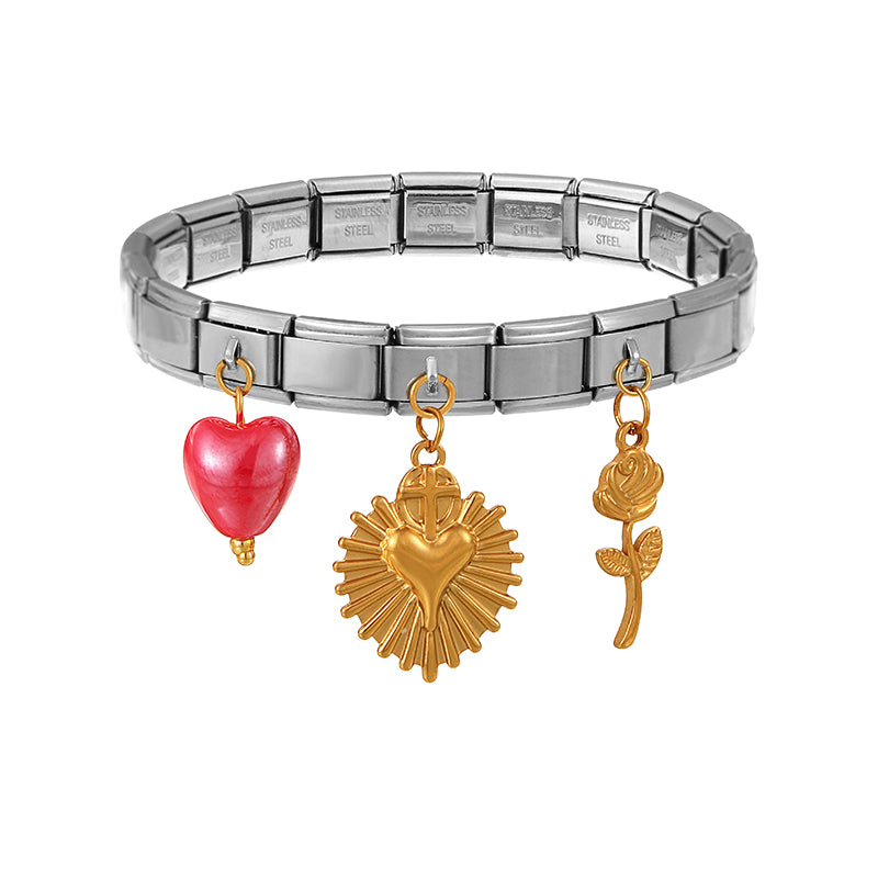 Gold And Silver 3 Heart-shaped Flower Ceramic Titanium Steel Square Module Bracelet