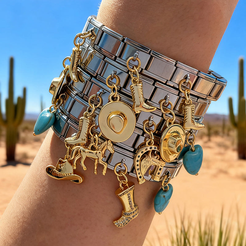 Gold And Silver 3 Titanium Steel Inlaid Zirconium Bmw Love Turquoise Square Module Bracelet