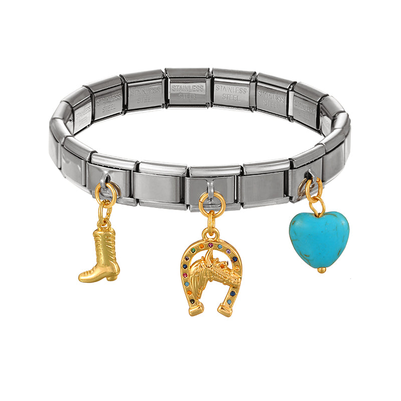 Gold And Silver 3 Titanium Steel Inlaid Zirconium Bmw Love Turquoise Square Module Bracelet
