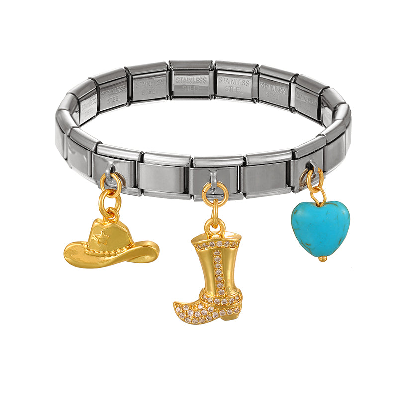 Gold And Silver 3 Titanium Steel Inlaid Zirconium Bmw Love Turquoise Square Module Bracelet