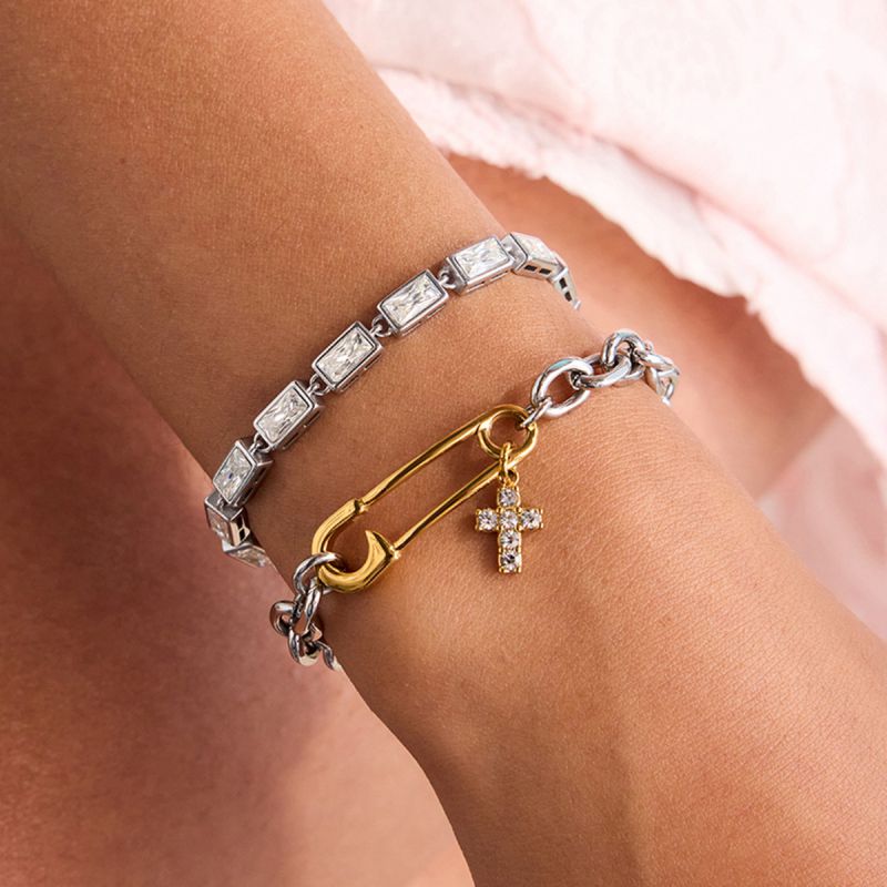Gold And Silver Stainless Steel Diamond Cross Pin Colorblock Bracelet