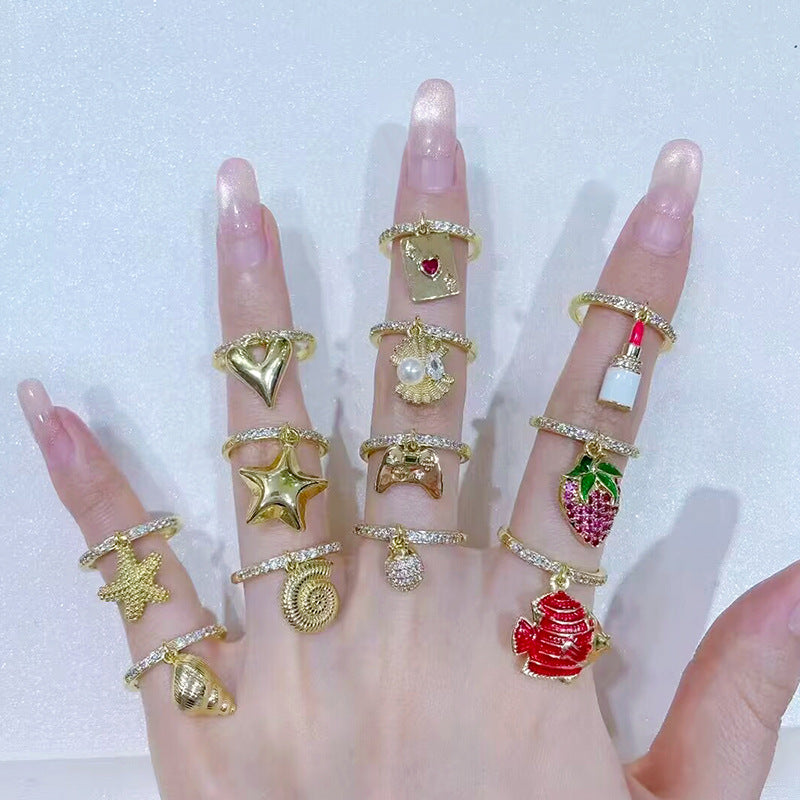 Gold And White Diamond Conch Ring Silver Diamond Conch Shell Lipstick Heart Starfish Geometric Ring