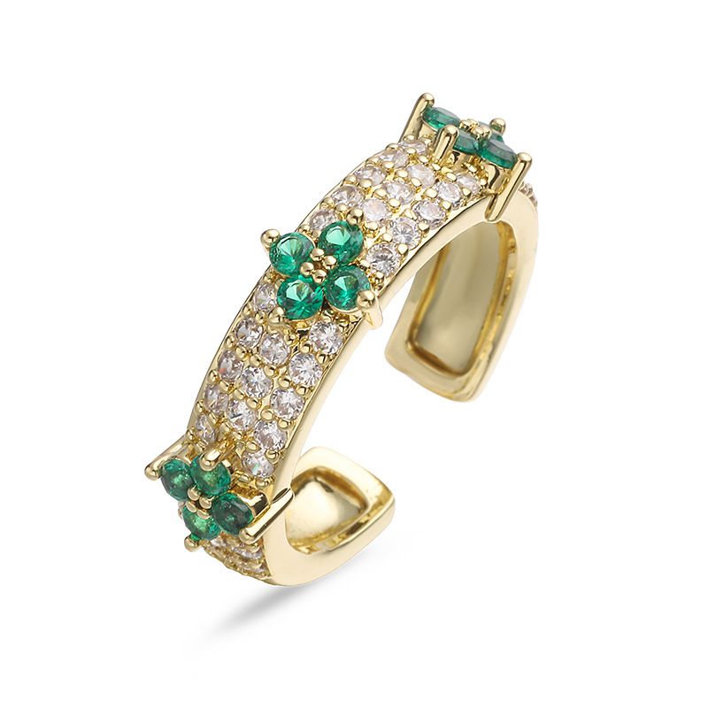 Gold And White Diamond Four-leaf Clover Ring Copper Round Ring With Diamonds