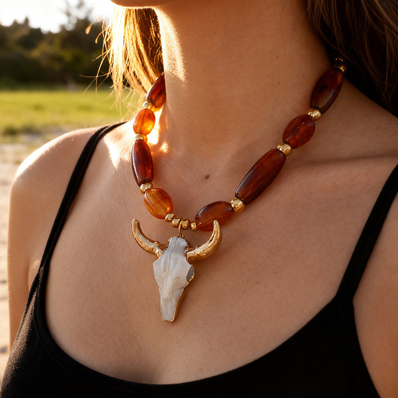 Gold Bull Head Resin Titanium Steel Beaded Necklace