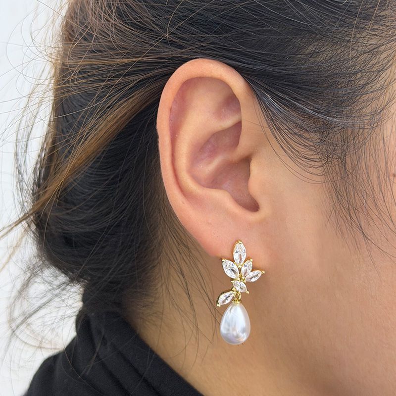 Gold Copper And Diamond-encrusted Leaf And Pearl Earrings