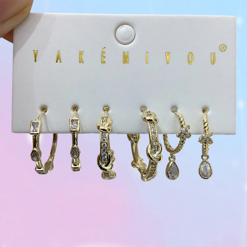 Gold Copper And Zircon Geometric Earrings Set Of 6