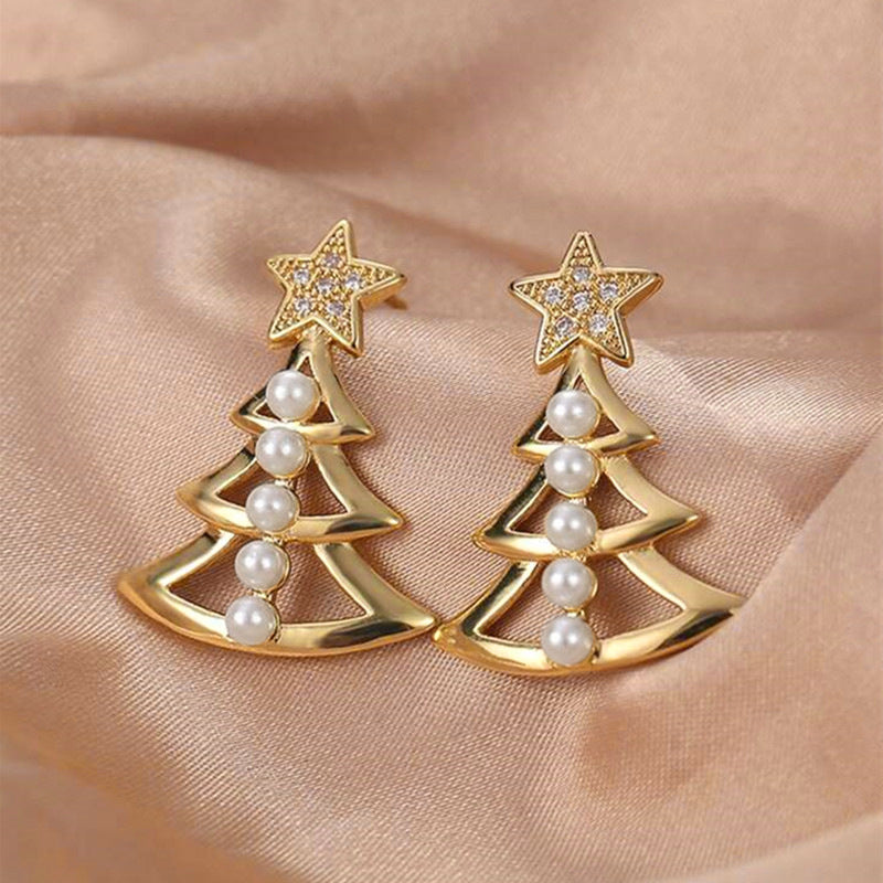 Gold Copper Diamond Pearl Christmas Tree Earrings