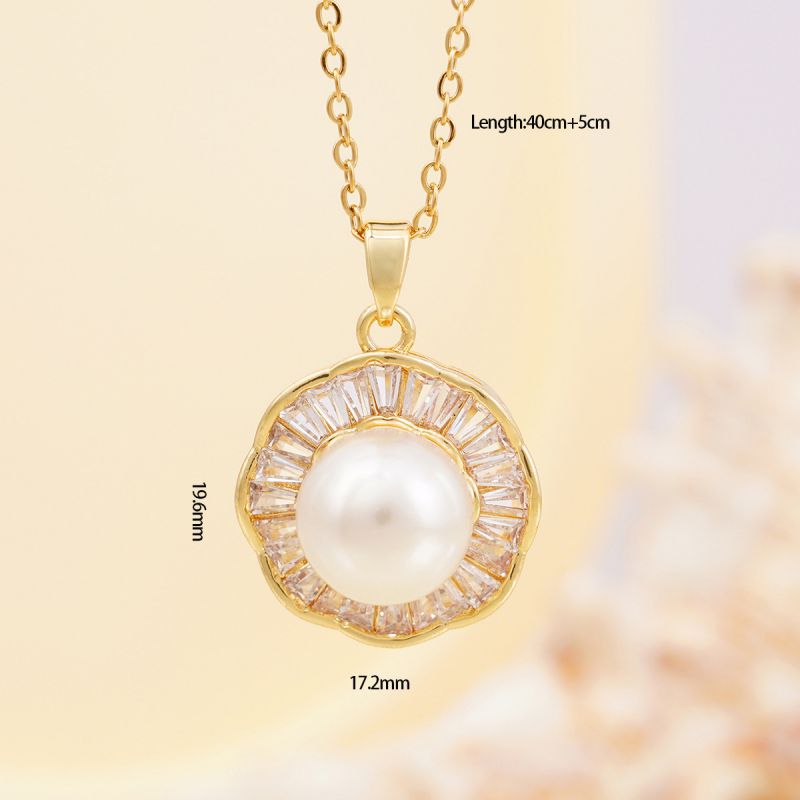 Gold Copper Diamond Pearl Round Necklace