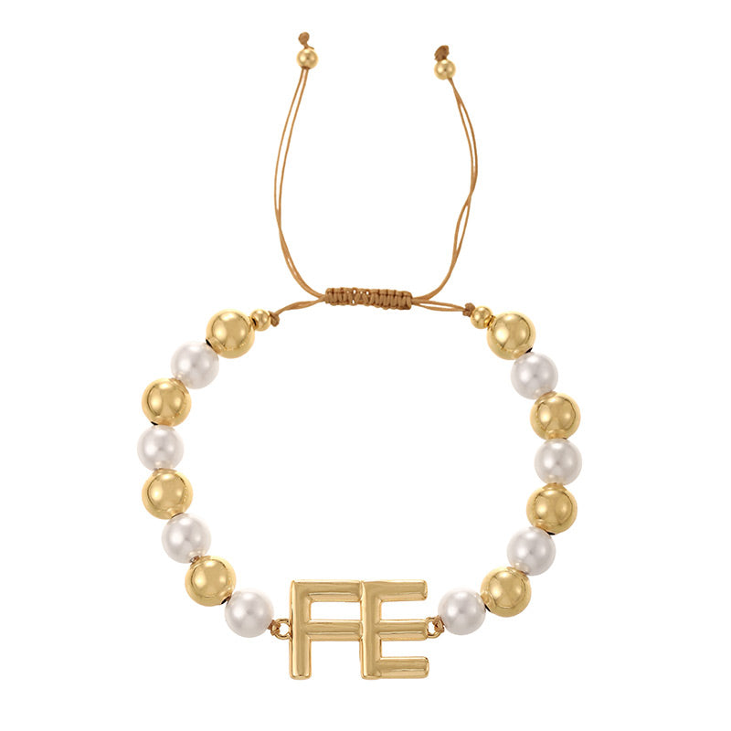 Gold Copper Gold-plated Beaded Letter Bracelet (8/4mm)