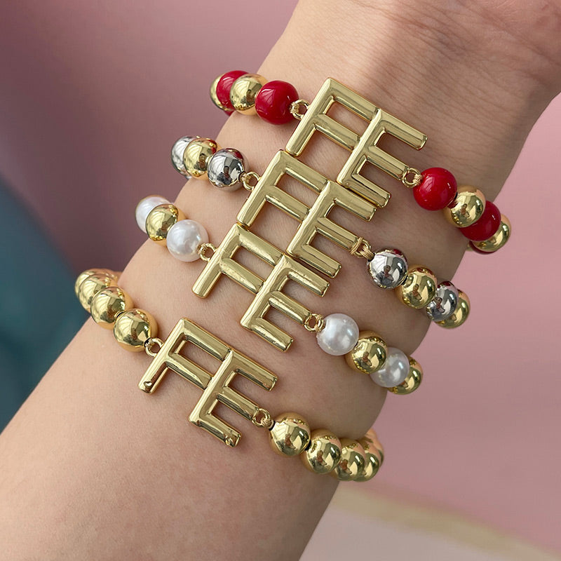 Gold Copper Gold-plated Beaded Letter Bracelet (8/4mm)