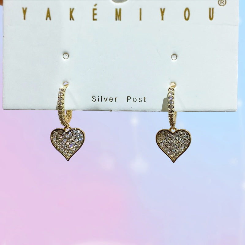 Gold Copper Heart-shaped Earrings Set With Zircon