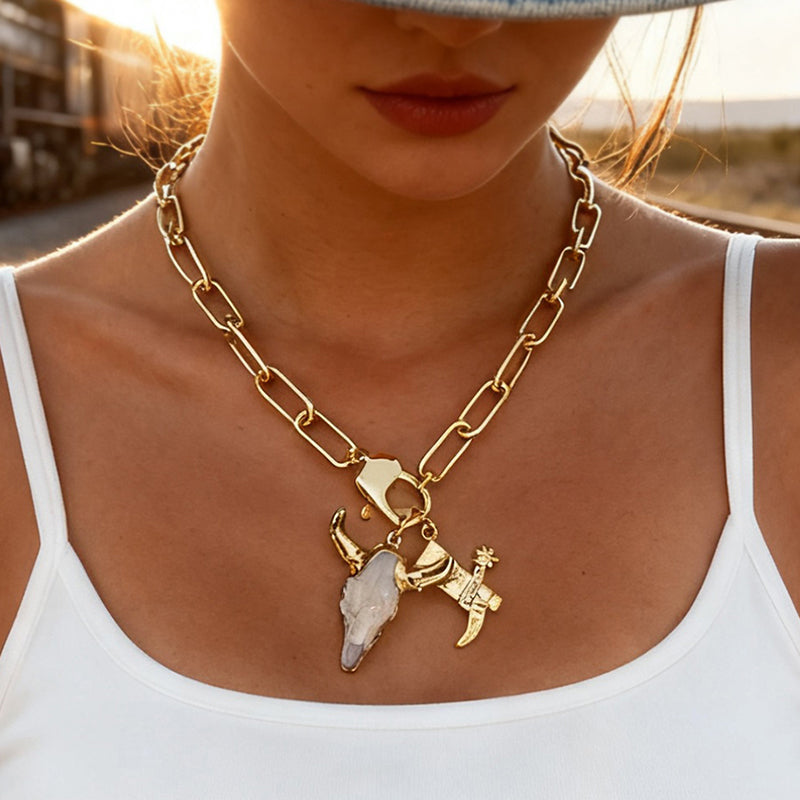 Gold Copper Inlaid Zircon Boots Bull Head Lobster Clasp Thick Chain Necklace