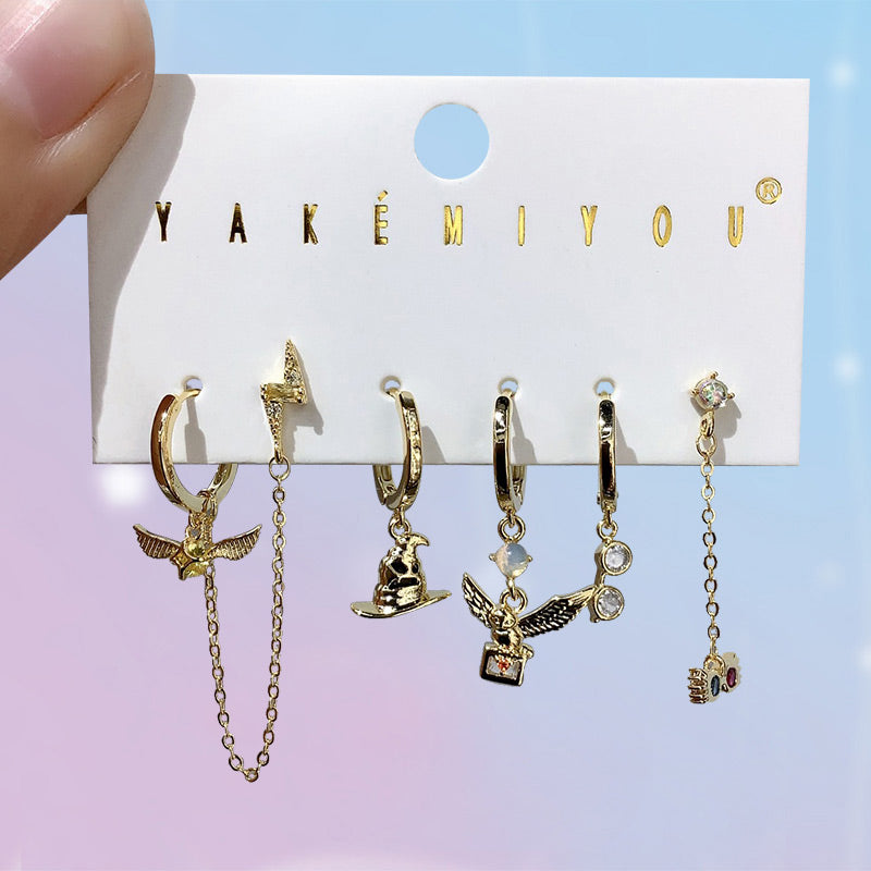 Gold Copper Inlaid Zircon Cartoon Chain Earrings 6-piece Set