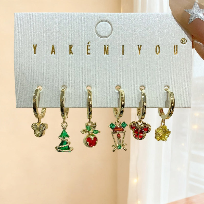 Gold Copper Inlaid Zircon Christmas Series 6-piece Earring Set