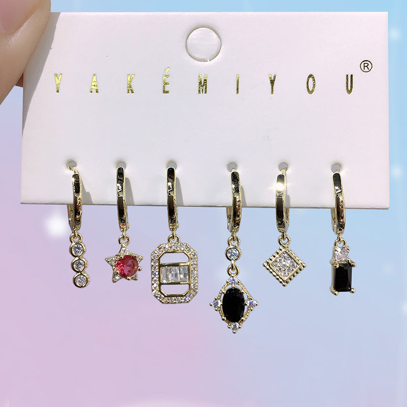Gold Copper Inlaid Zircon Geometric Earrings 6-piece Set