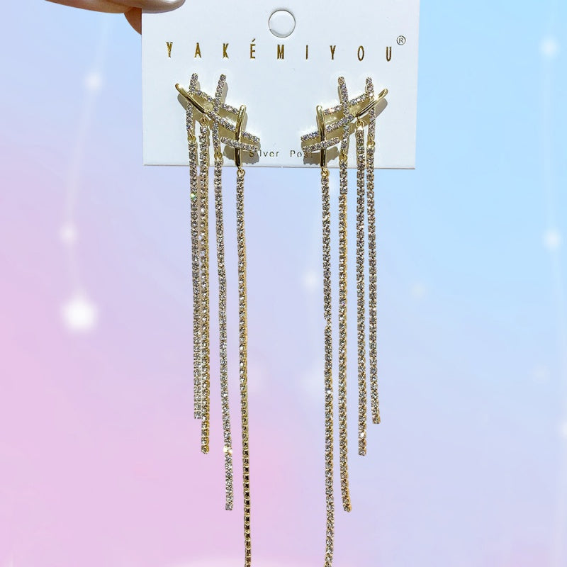 Gold Copper Inlaid Zircon Geometric Tassel Earrings