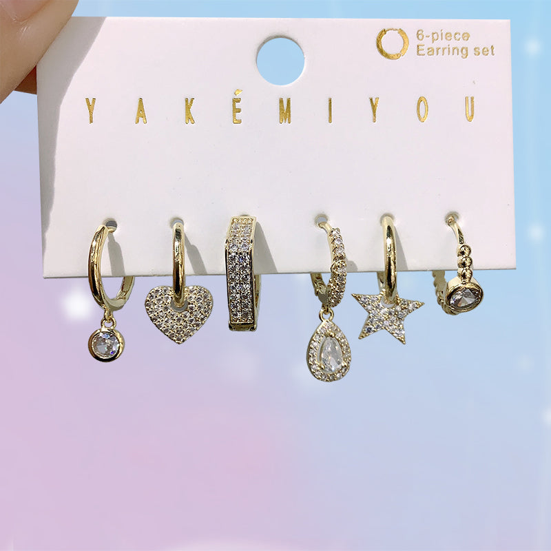Gold Copper Inlaid Zircon Heart Drop Earrings 6-piece Set
