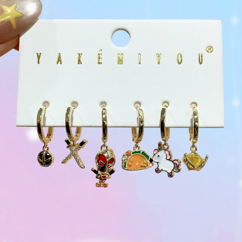 Gold Copper Inlaid Zircon Oil Drop Cartoon Earrings 6-piece Set